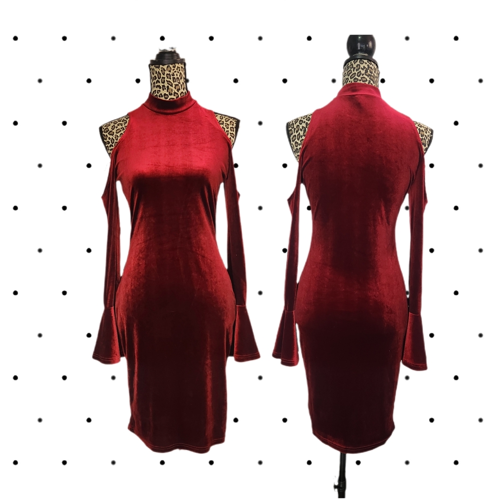SHEIN Red Velvet Cold Shoulder Midi Dress